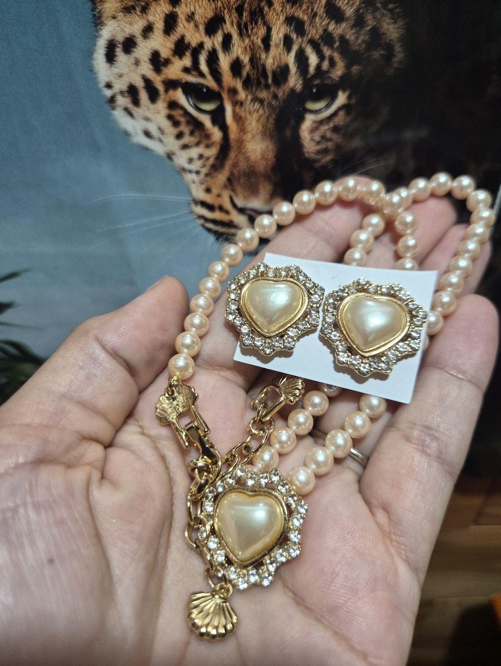 Vintage Richelieu Pearl Heart Pendant Necklace  Earring Set - Blush Gold Tone